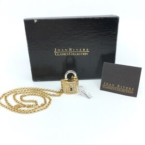 Vintage Signed Joan Rivers Padlock & Key Pendant & Chainlink Necklace Gold Tone